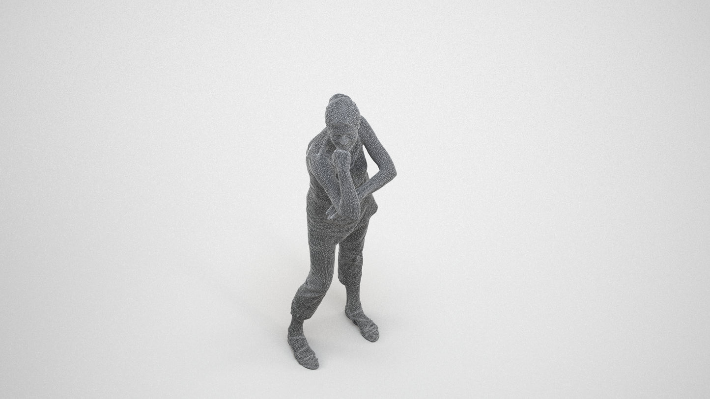 photogrammetry 3D senior woman casual standing, realistic human model archviz FBX, wireframe three-quarter view