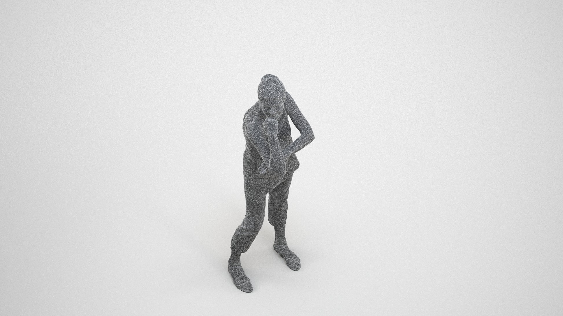 photogrammetry 3D senior woman casual standing, realistic human model archviz FBX, wireframe three-quarter view