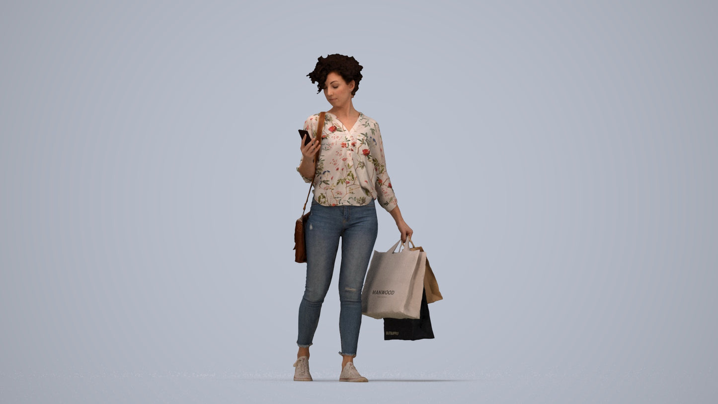 3D human model woman casual standing, photogrammetry scanned person for archviz, top-down view render