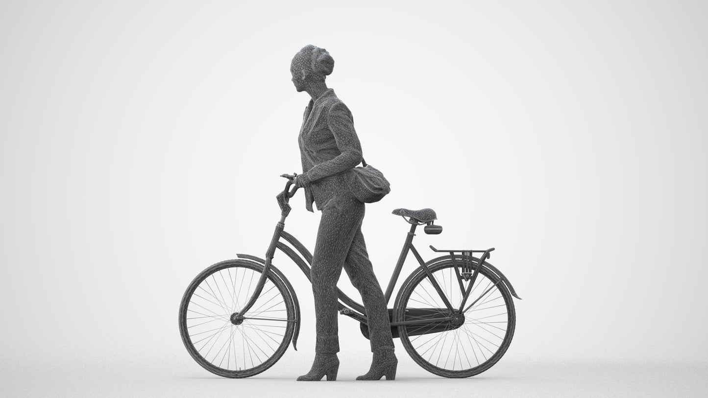 realistic 3D human woman business cycling, archviz people FBX OBJ for Blender, square thumbnail