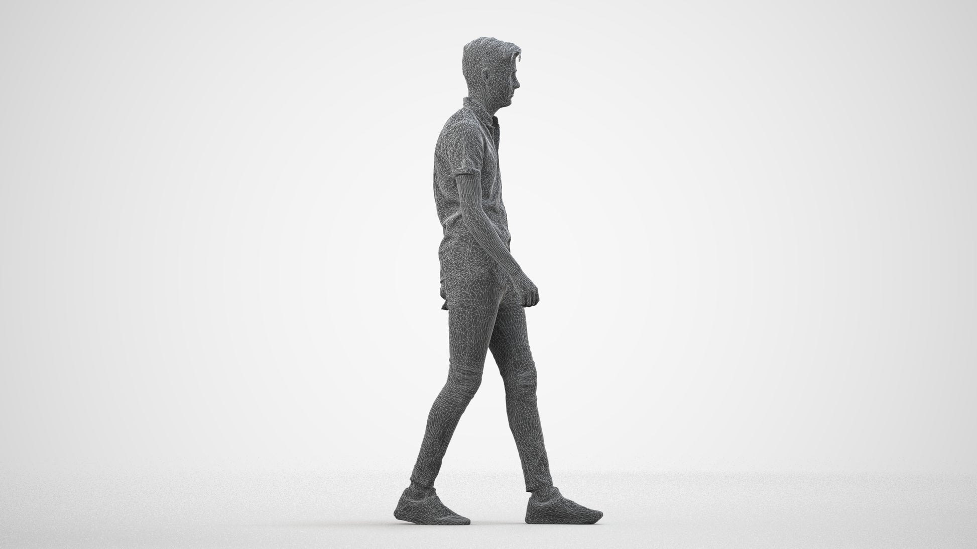 realistic 3D man casual walking, scanned archviz people for Blender and 3ds Max, wireframe side view