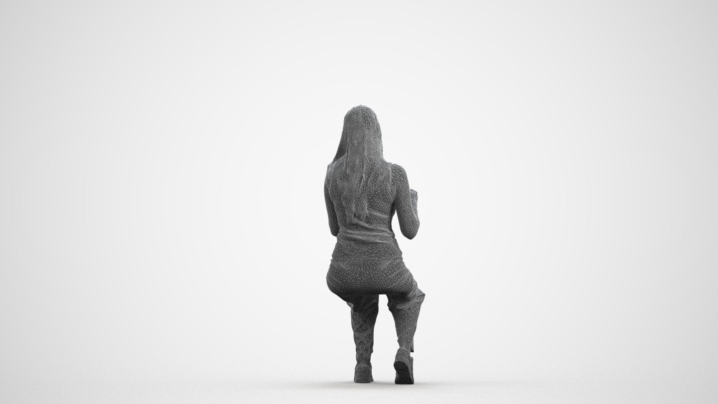 3D people model woman casual sitting, scanned human for 3ds Max rendering, wireframe front view