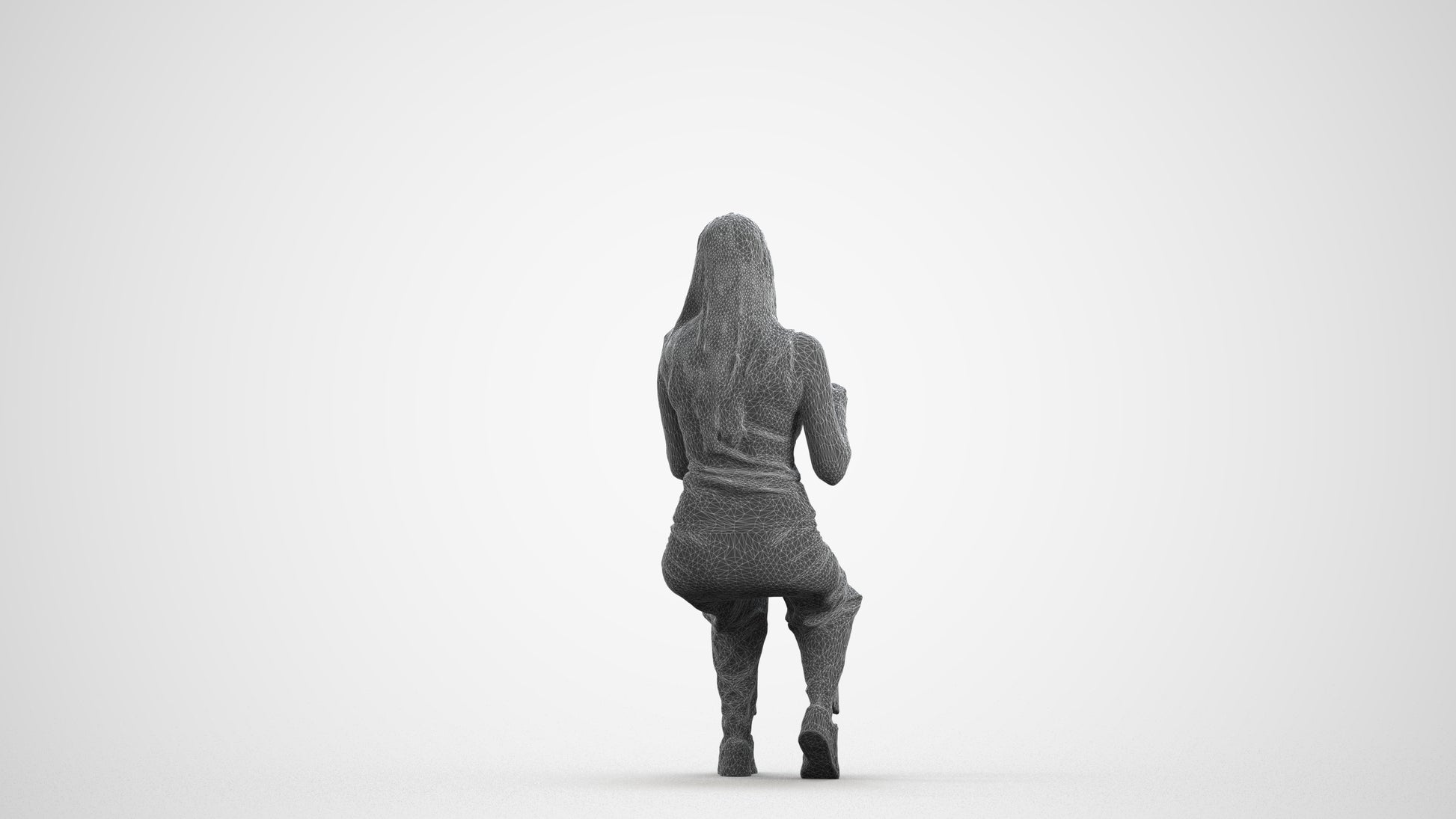 3D people model woman casual sitting, scanned human for 3ds Max rendering, wireframe front view