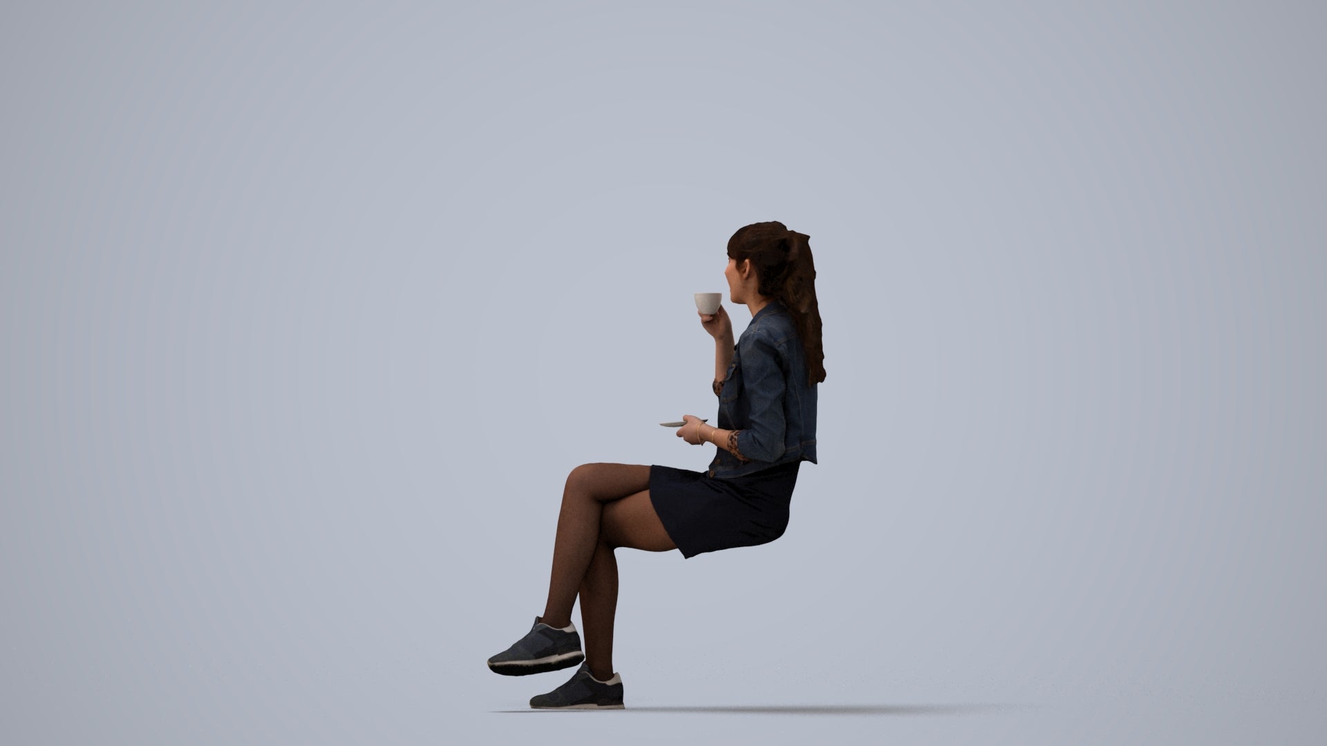 3D people model woman casual sitting, scanned human for 3ds Max rendering, three-quarter view render