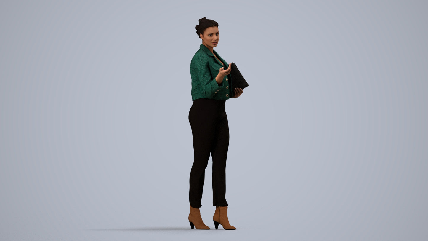 3D human model woman business standing, photogrammetry scanned person for archviz, side view render
