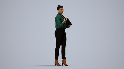 3D human model woman business standing, photogrammetry scanned person for archviz, side view render