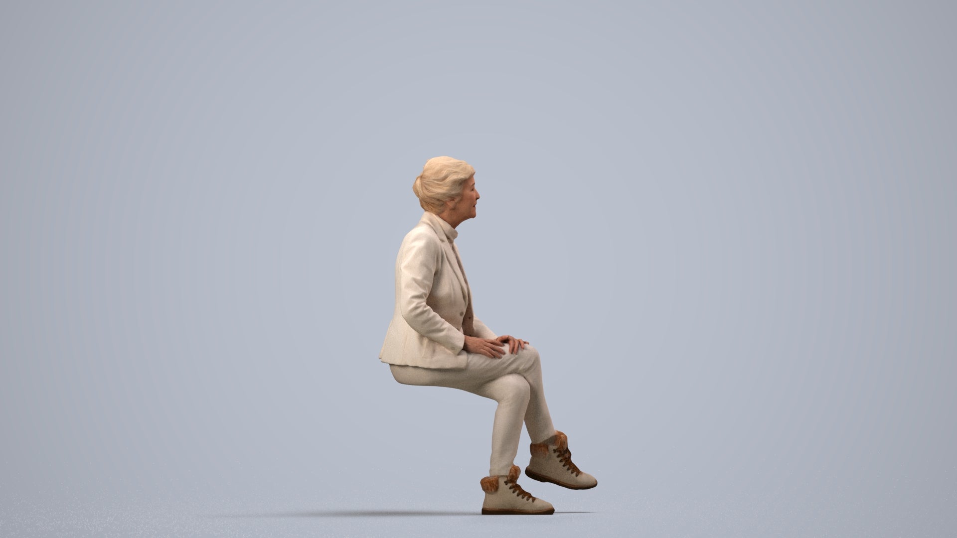realistic 3D human senior woman business sitting, archviz people FBX OBJ for Blender, side view render