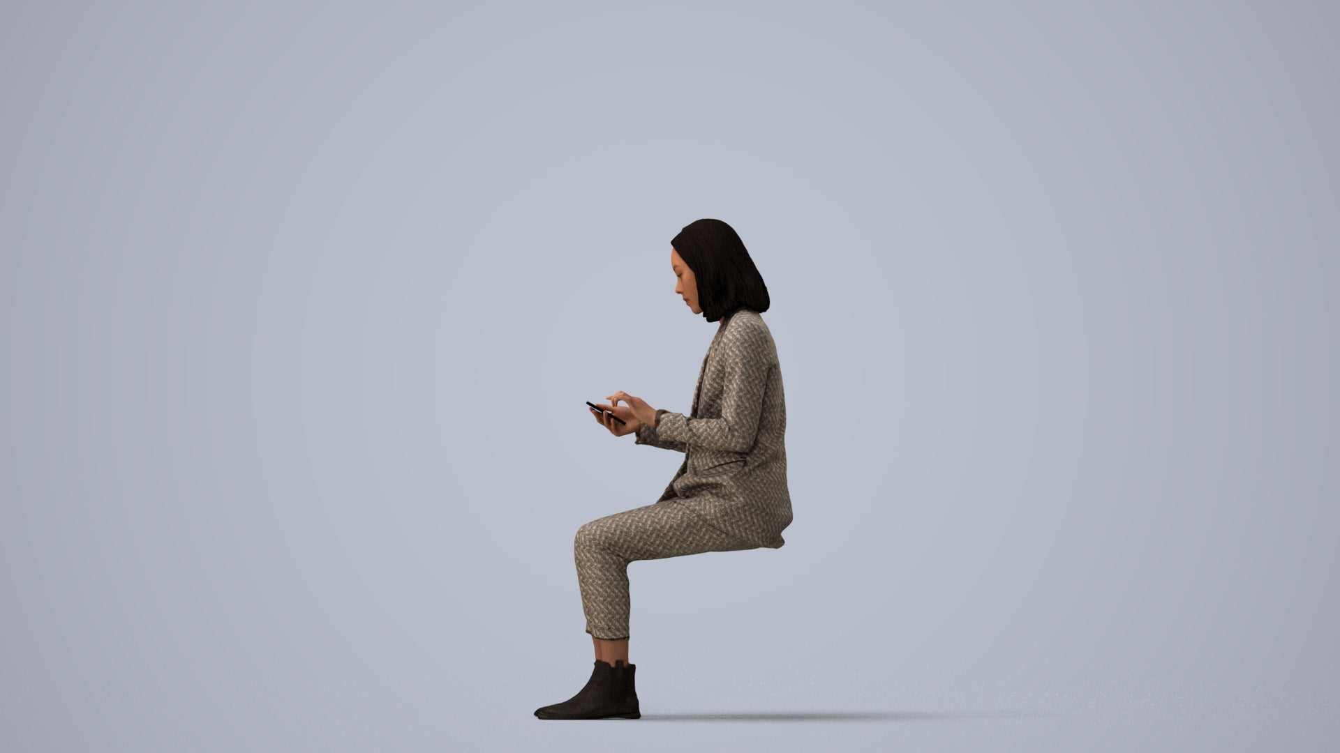 realistic 3D human woman business, archviz people FBX OBJ for Blender, three-quarter view render