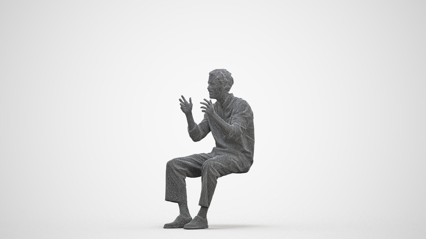 3D scanned man sitting casual, photorealistic archviz people for Enscape and SketchUp, three-quarter front view render