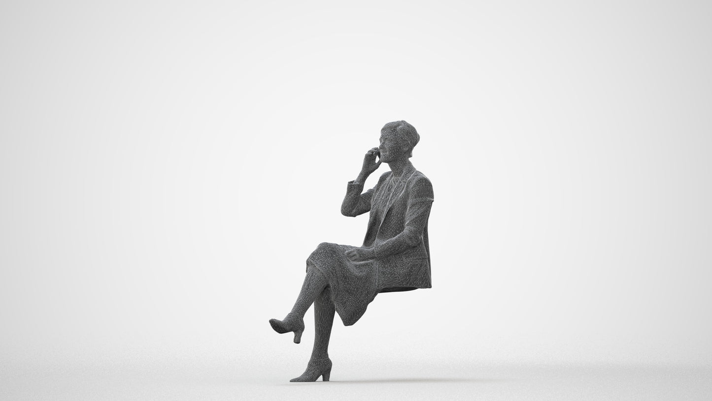 3D human model woman business sitting, photogrammetry scanned person for archviz, square thumbnail