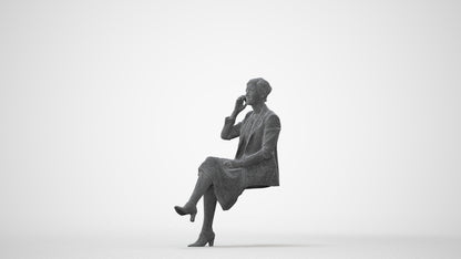 3D human model woman business sitting, photogrammetry scanned person for archviz, square thumbnail