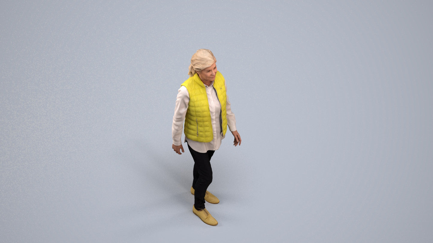 realistic 3D senior woman casual walking, scanned archviz people for Blender and 3ds Max, back view render