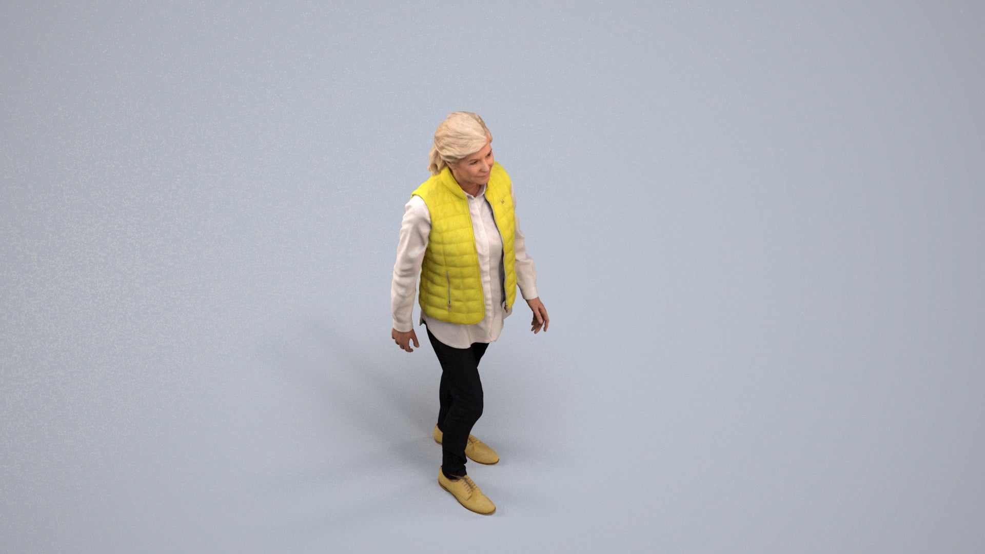 realistic 3D senior woman casual walking, scanned archviz people for Blender and 3ds Max, back view render