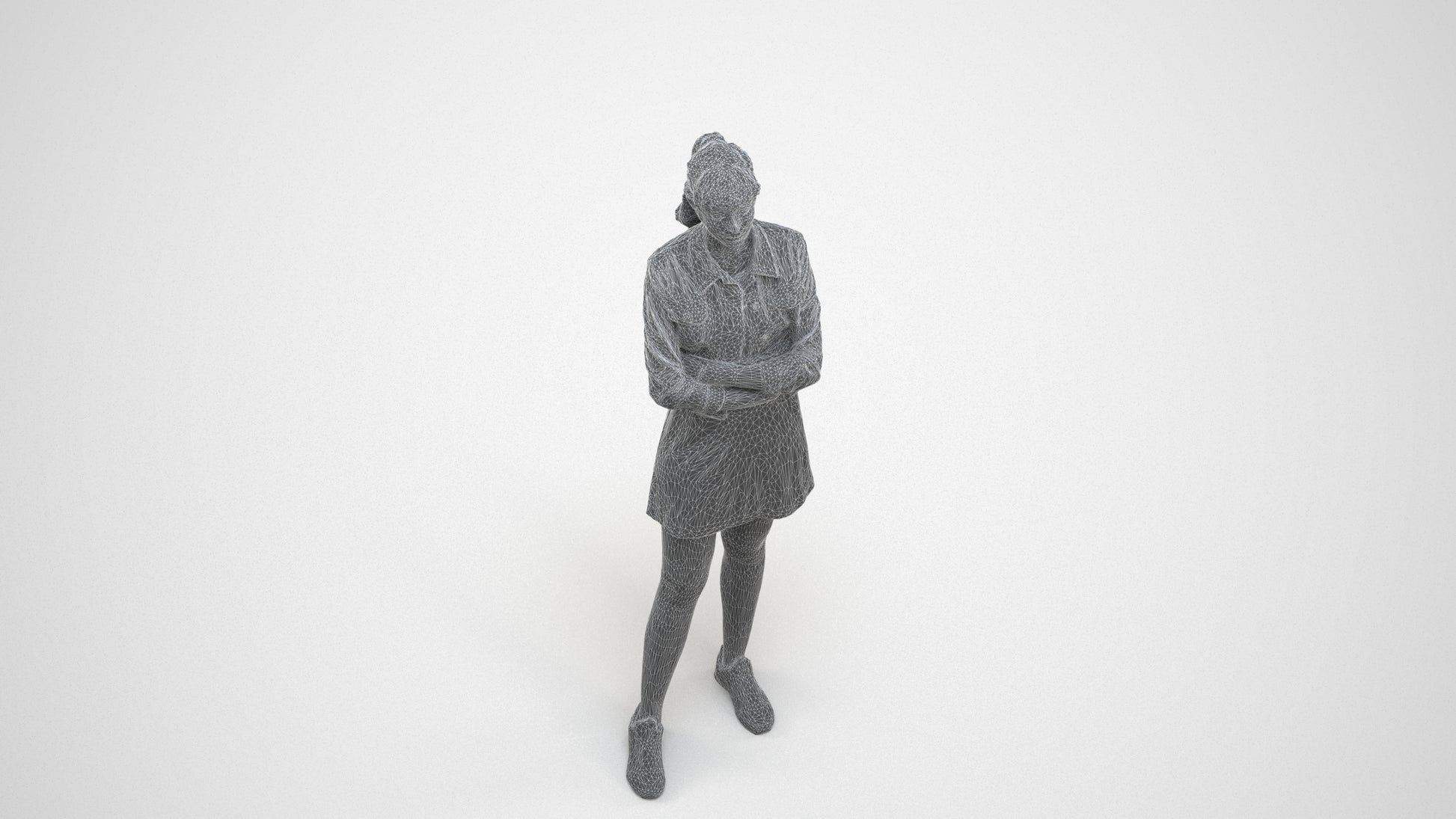 realistic 3D woman casual standing, scanned archviz people for Blender and 3ds Max, wireframe three-quarter view