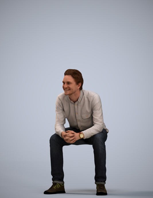 photogrammetry 3D man casual sitting, realistic human model archviz FBX