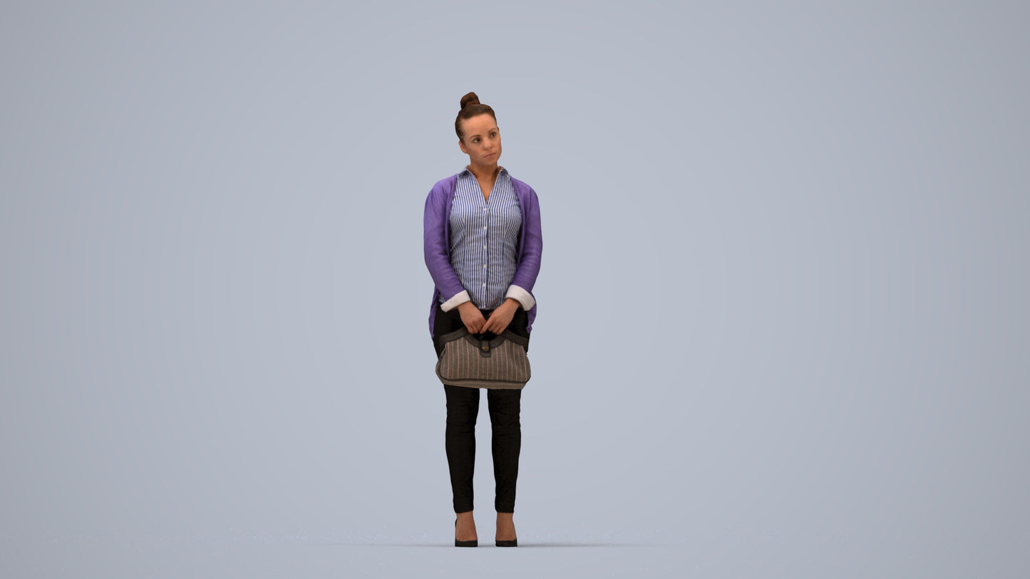 3D human model woman business standing, photogrammetry scanned person for archviz, top-down view render