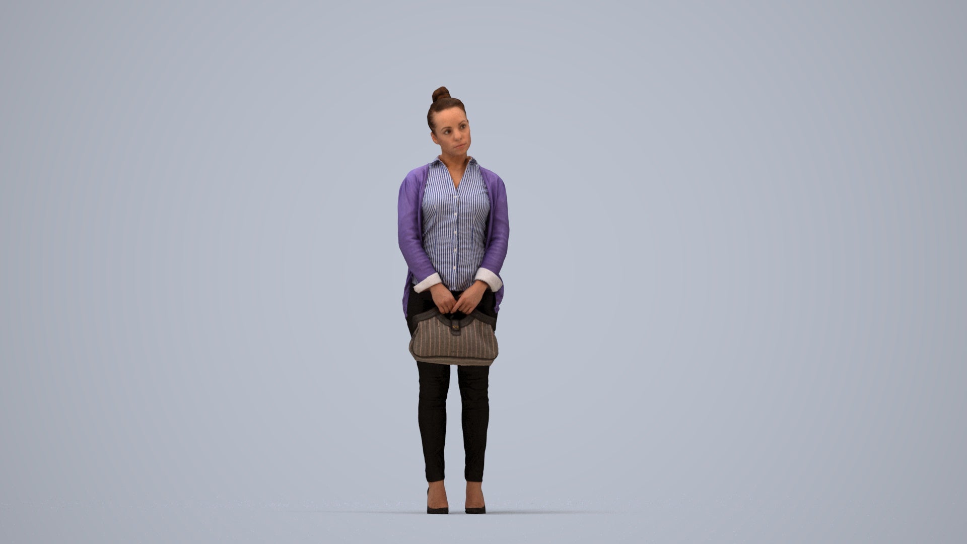 3D human model woman business standing, photogrammetry scanned person for archviz, top-down view render