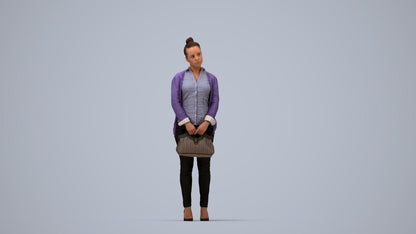 3D human model woman business standing, photogrammetry scanned person for archviz, top-down view render