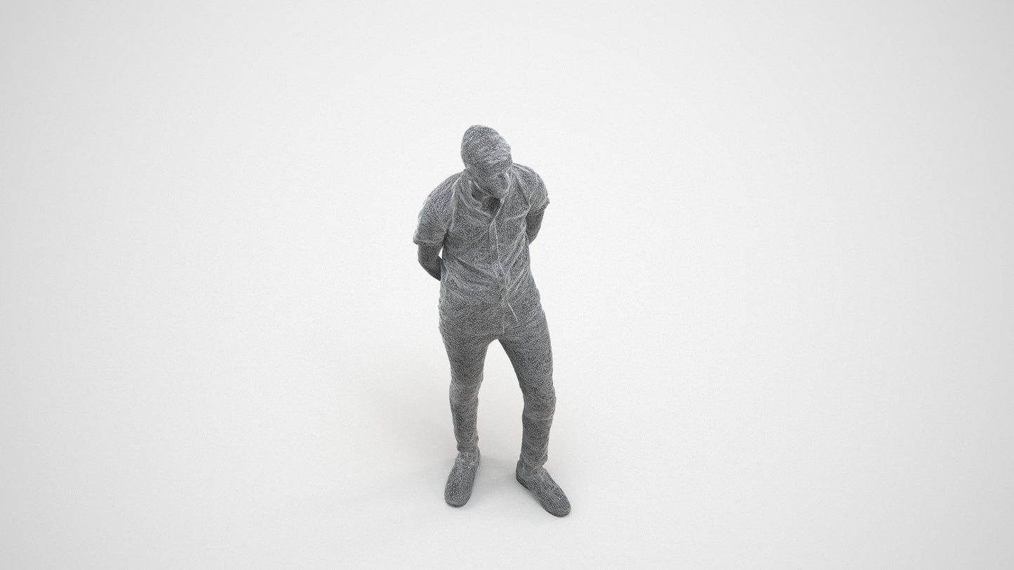 realistic 3D man casual standing, scanned archviz people for Blender and 3ds Max, wireframe three-quarter view