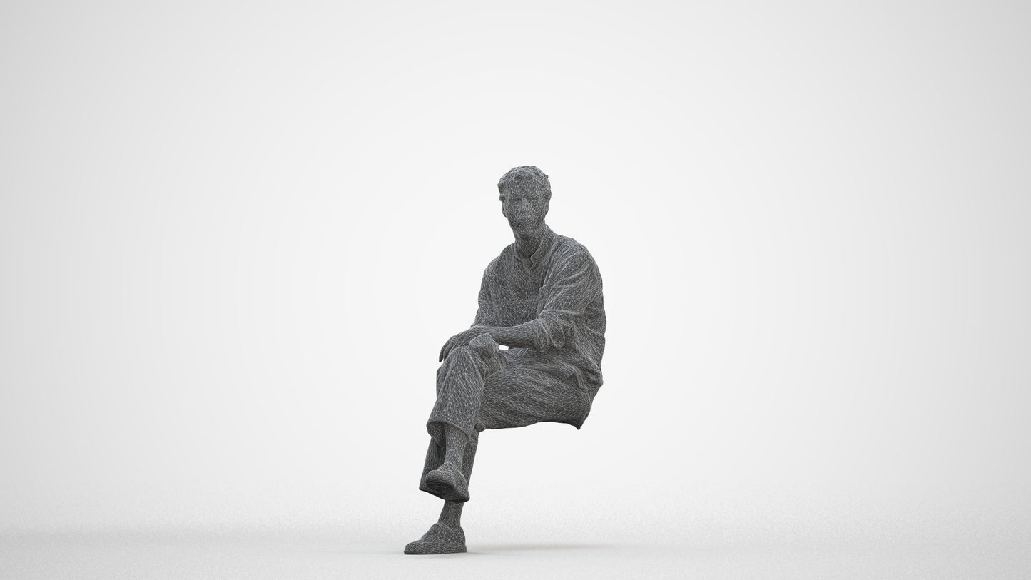 3D scanned man sitting casual, photorealistic archviz people for Enscape and SketchUp, three-quarter front view render