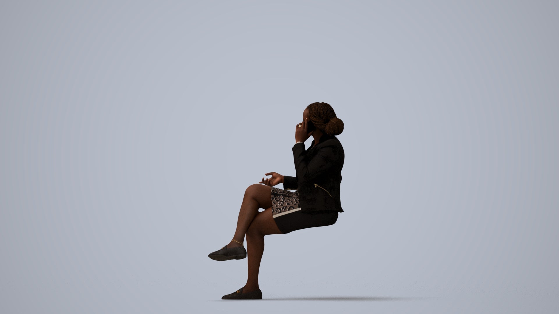 realistic 3D people woman business sitting, render-ready for V-Ray and Corona, FBX OBJ, three-quarter view render