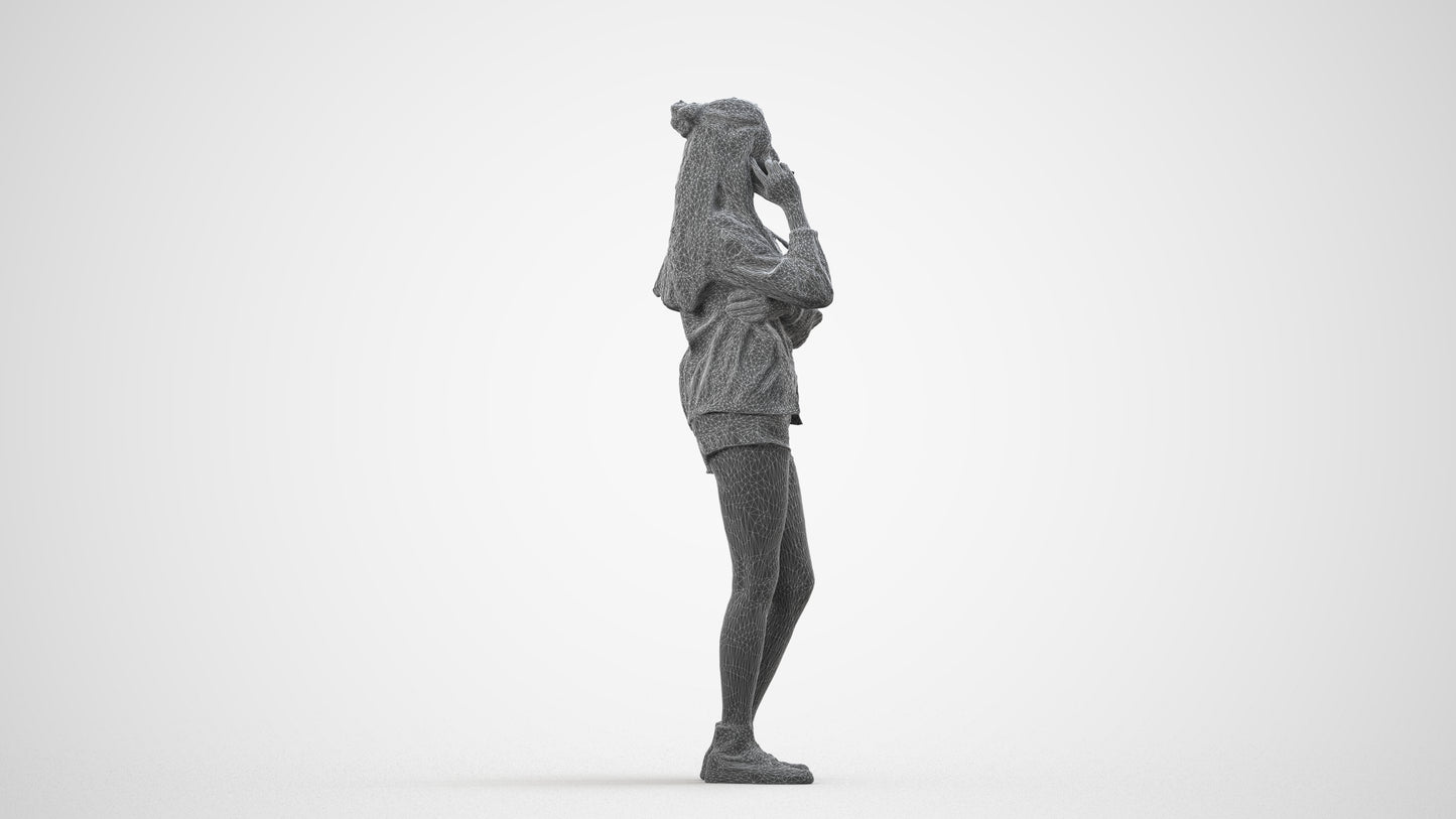 realistic 3D woman casual standing, scanned archviz people for Blender and 3ds Max, wireframe side view