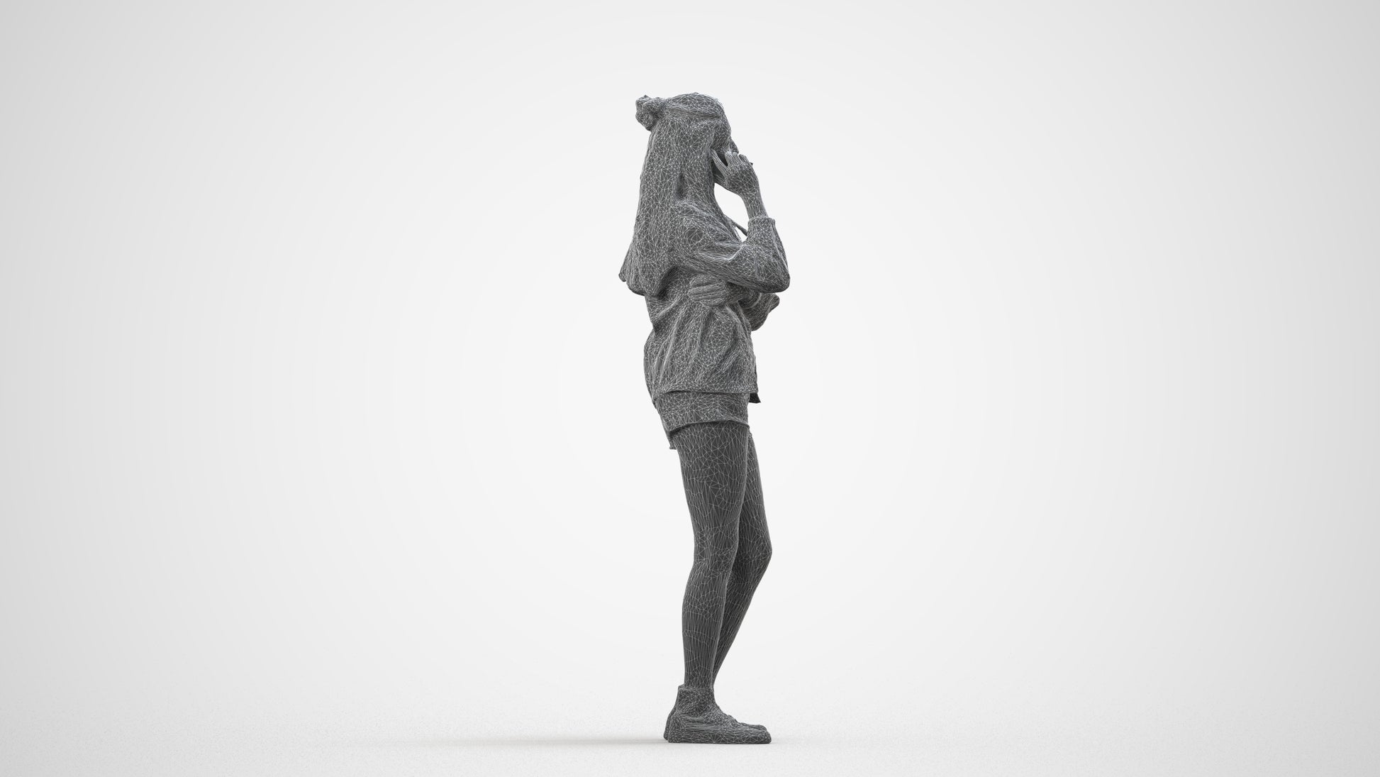 realistic 3D woman casual standing, scanned archviz people for Blender and 3ds Max, wireframe side view