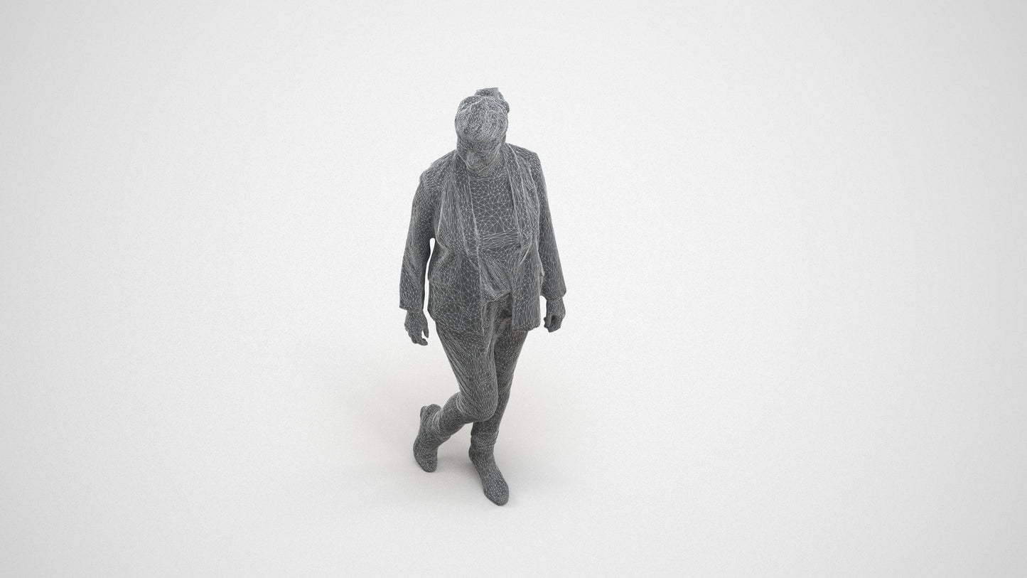 photogrammetry 3D woman business walking, realistic human model archviz FBX, wireframe three-quarter view