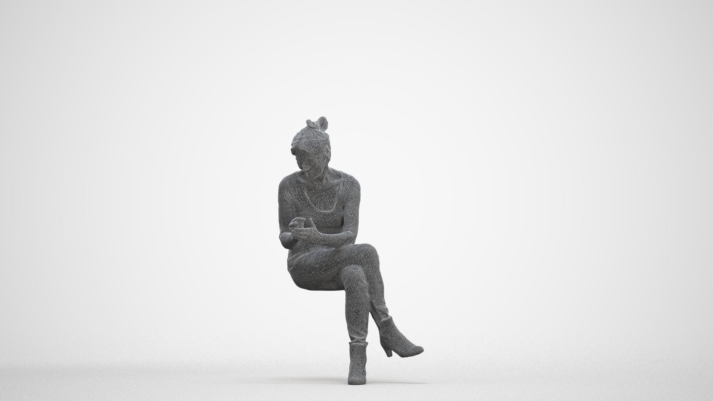 3D people model senior woman casual sitting, scanned human for 3ds Max rendering, three-quarter front view render
