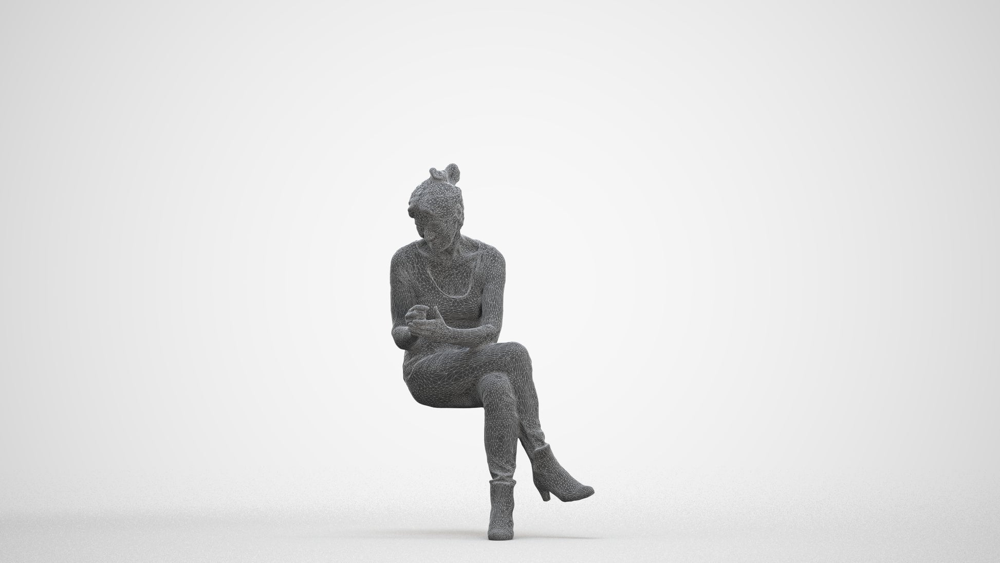 3D people model senior woman casual sitting, scanned human for 3ds Max rendering, three-quarter front view render