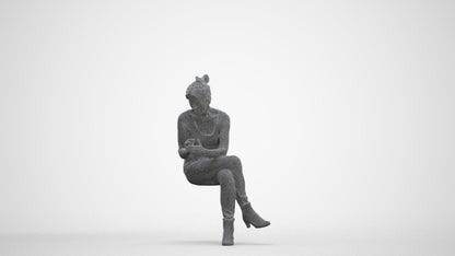 3D people model senior woman casual sitting, scanned human for 3ds Max rendering, three-quarter front view render