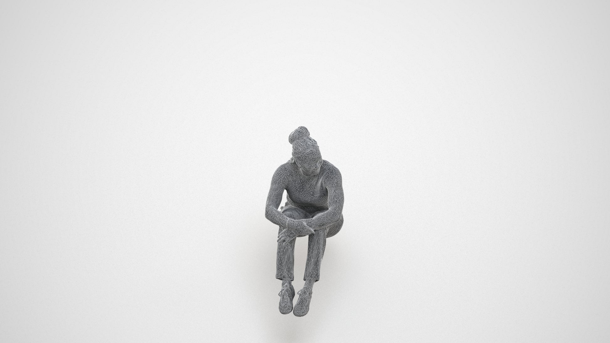 photogrammetry 3D woman casual sitting, realistic human model archviz FBX, wireframe three-quarter view