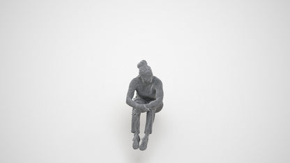 photogrammetry 3D woman casual sitting, realistic human model archviz FBX, wireframe three-quarter view