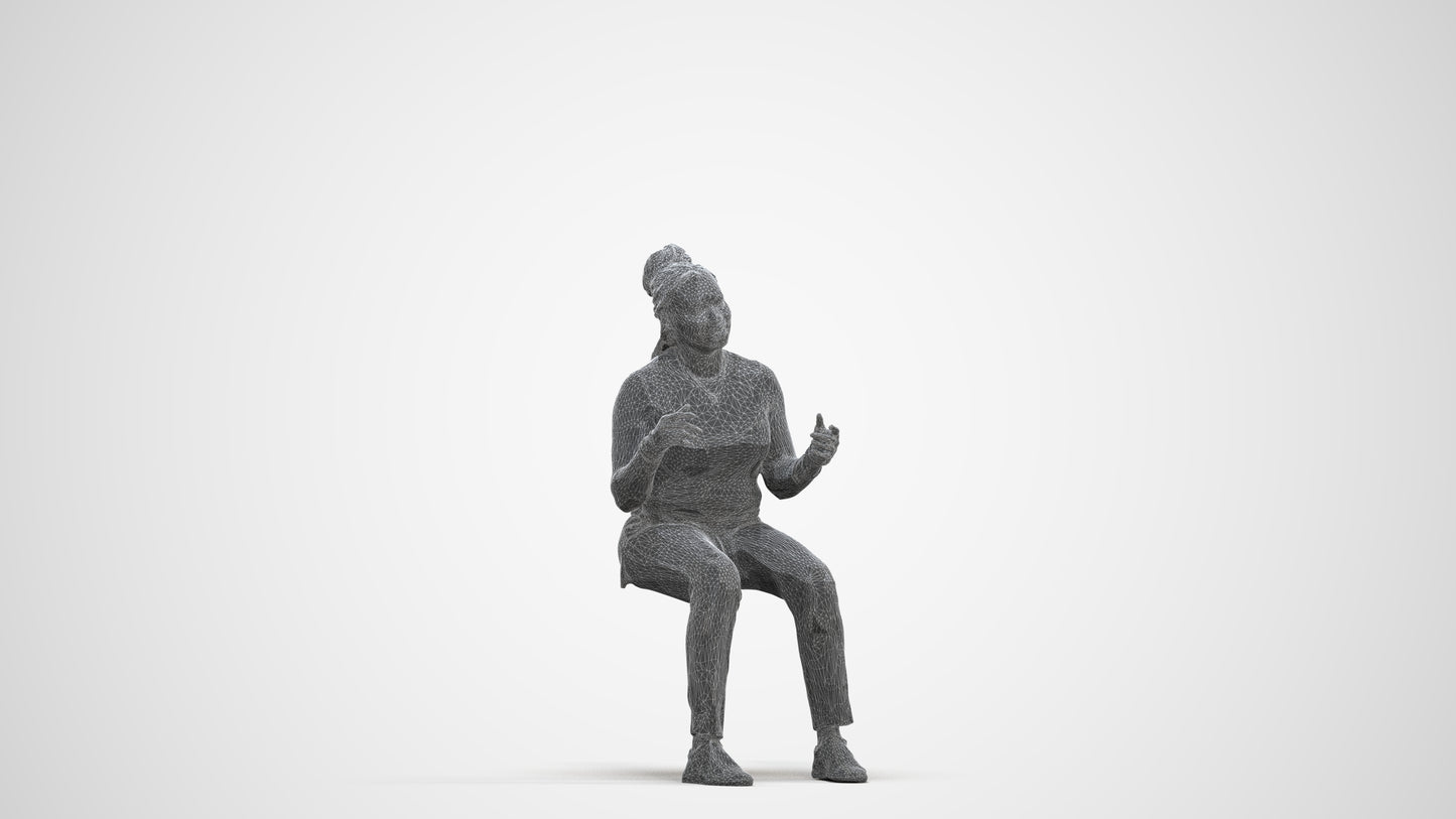 3D human model woman casual sitting, photogrammetry scanned person for archviz, three-quarter front view render