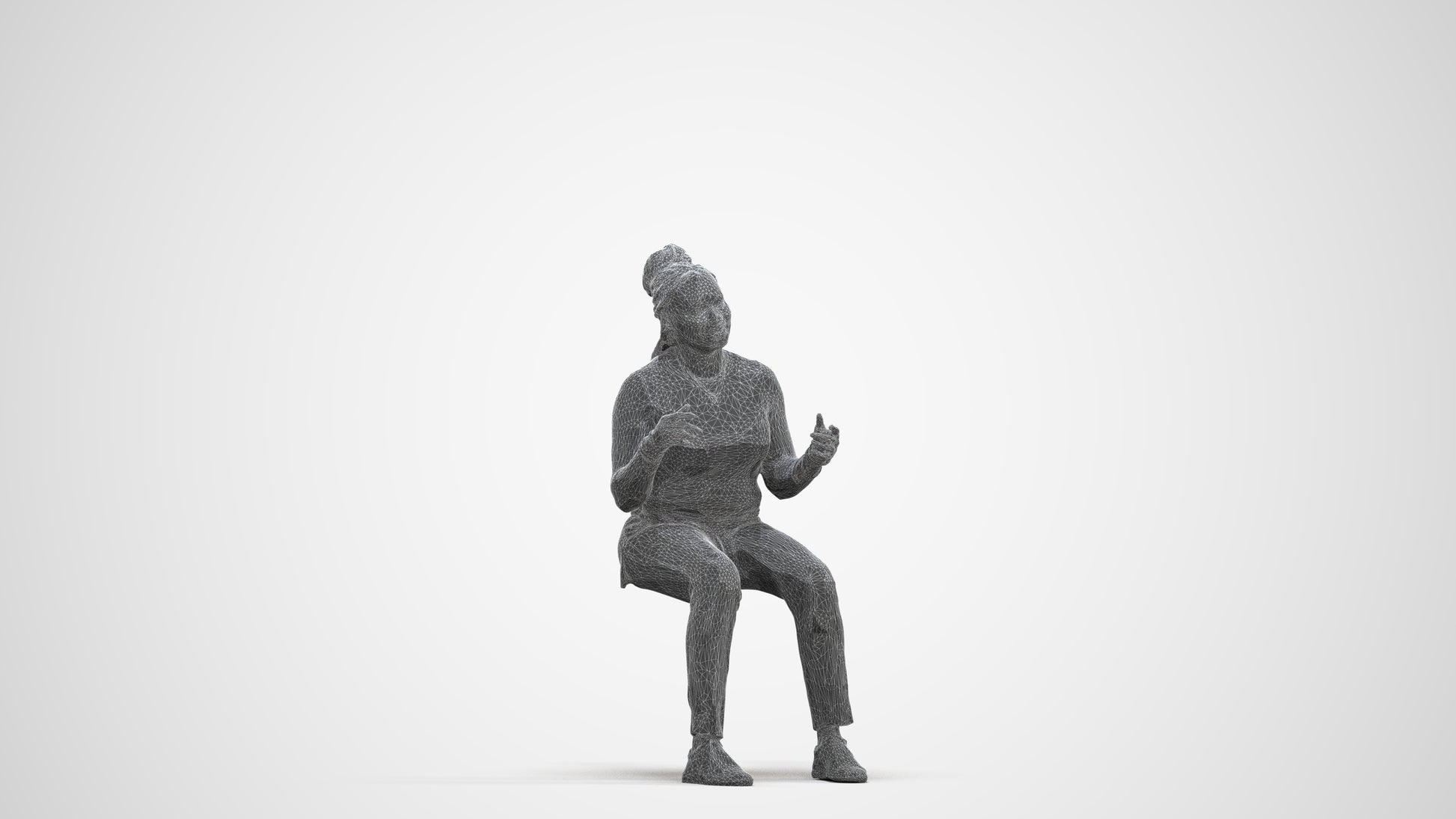 3D human model woman casual sitting, photogrammetry scanned person for archviz, three-quarter front view render