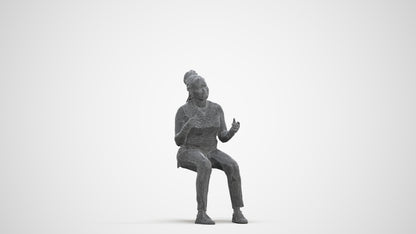 3D human model woman casual sitting, photogrammetry scanned person for archviz, three-quarter front view render