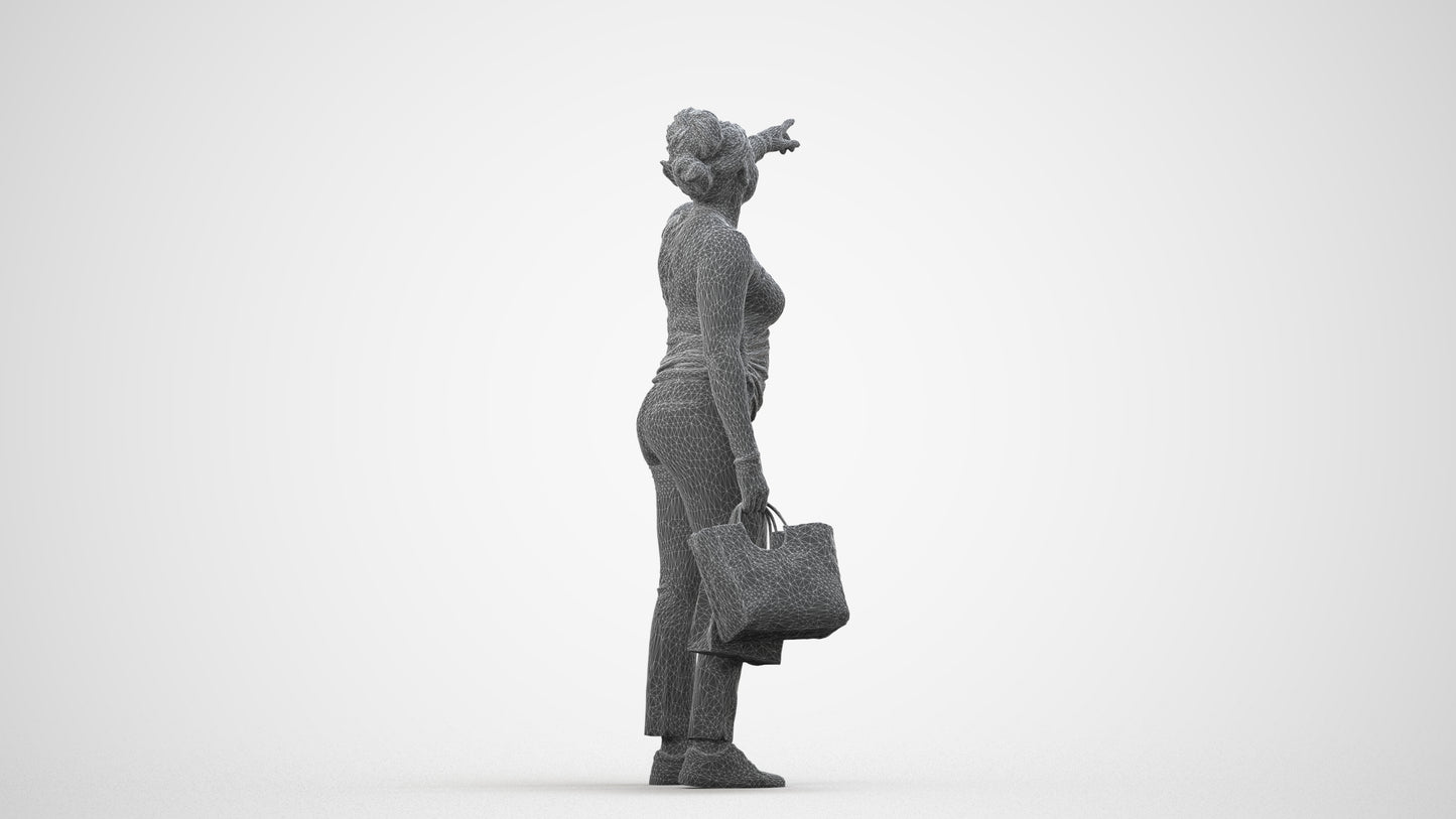 3D scanned woman standing casual, photorealistic archviz people for Enscape and SketchUp, wireframe side view