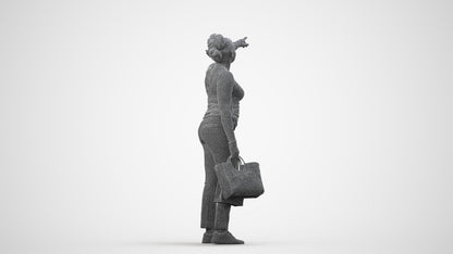 3D scanned woman standing casual, photorealistic archviz people for Enscape and SketchUp, wireframe side view