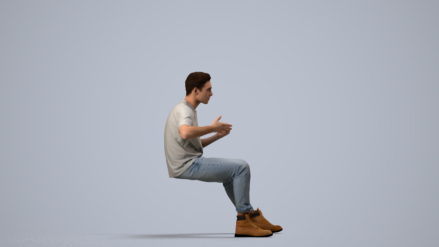 realistic 3D man casual sitting, scanned archviz people for Blender and 3ds Max, side view render