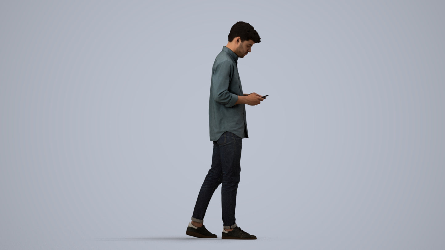 photogrammetry 3D man casual walking, realistic human model archviz FBX, side view render