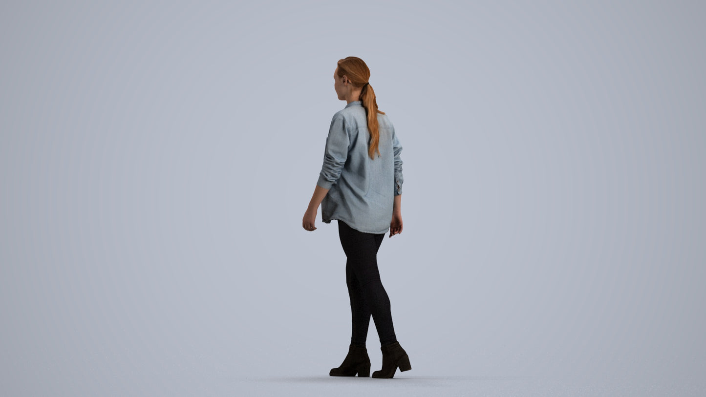 realistic 3D woman casual walking, scanned archviz people for Blender and 3ds Max, front view render