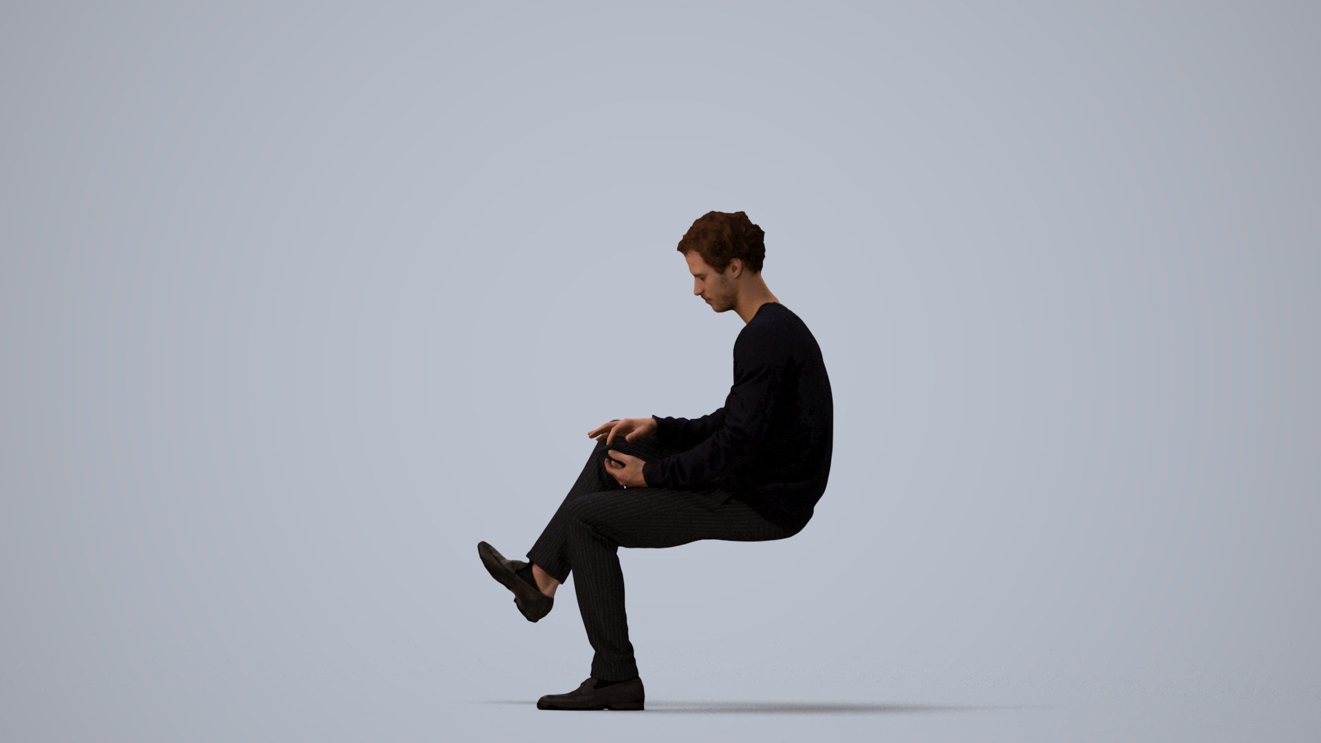 realistic 3D man casual sitting, scanned archviz people for Blender and 3ds Max, three-quarter view render