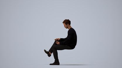 realistic 3D man casual sitting, scanned archviz people for Blender and 3ds Max, three-quarter view render