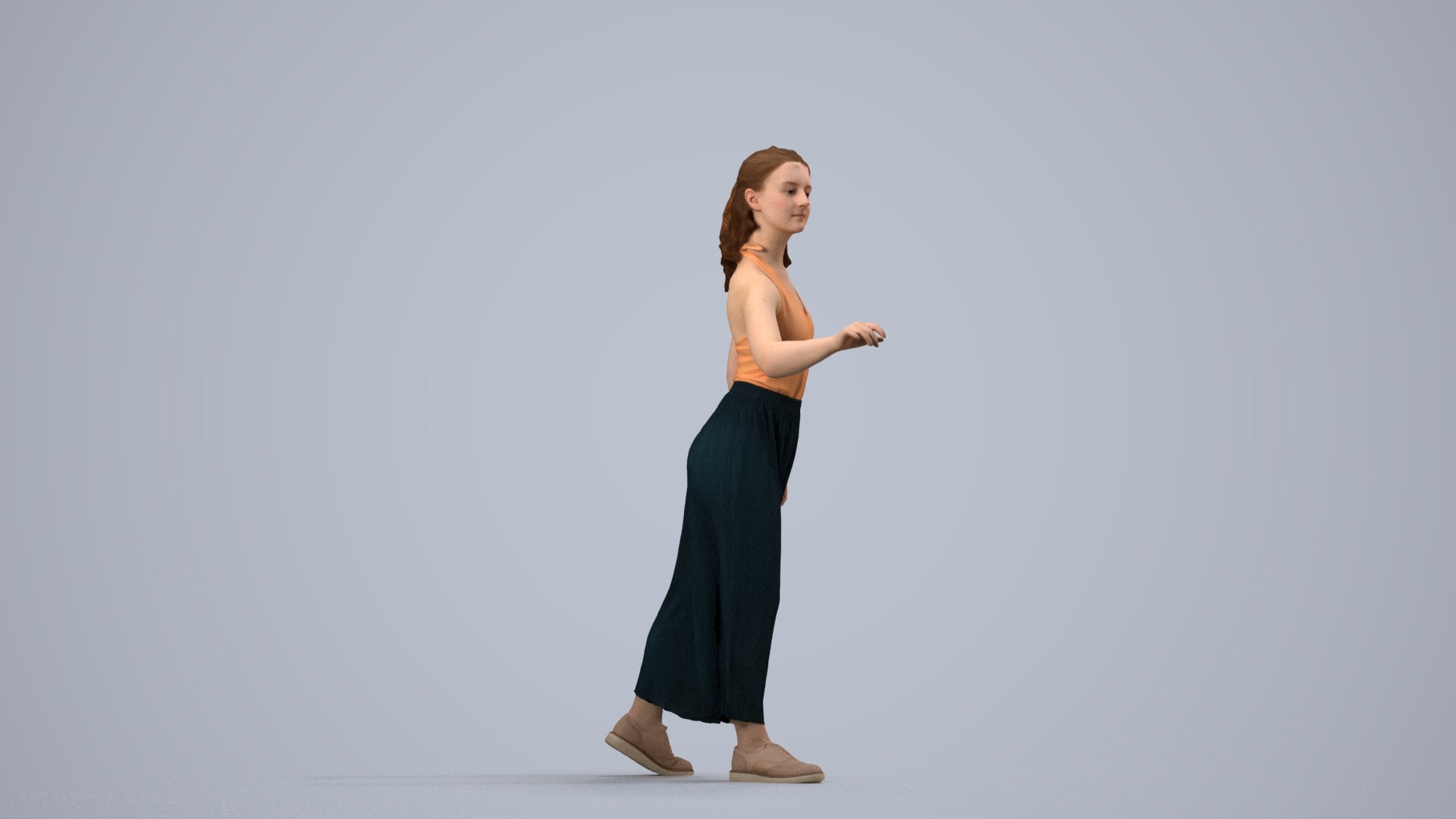 3D human model girl casual door, photogrammetry scanned person for archviz, side view render