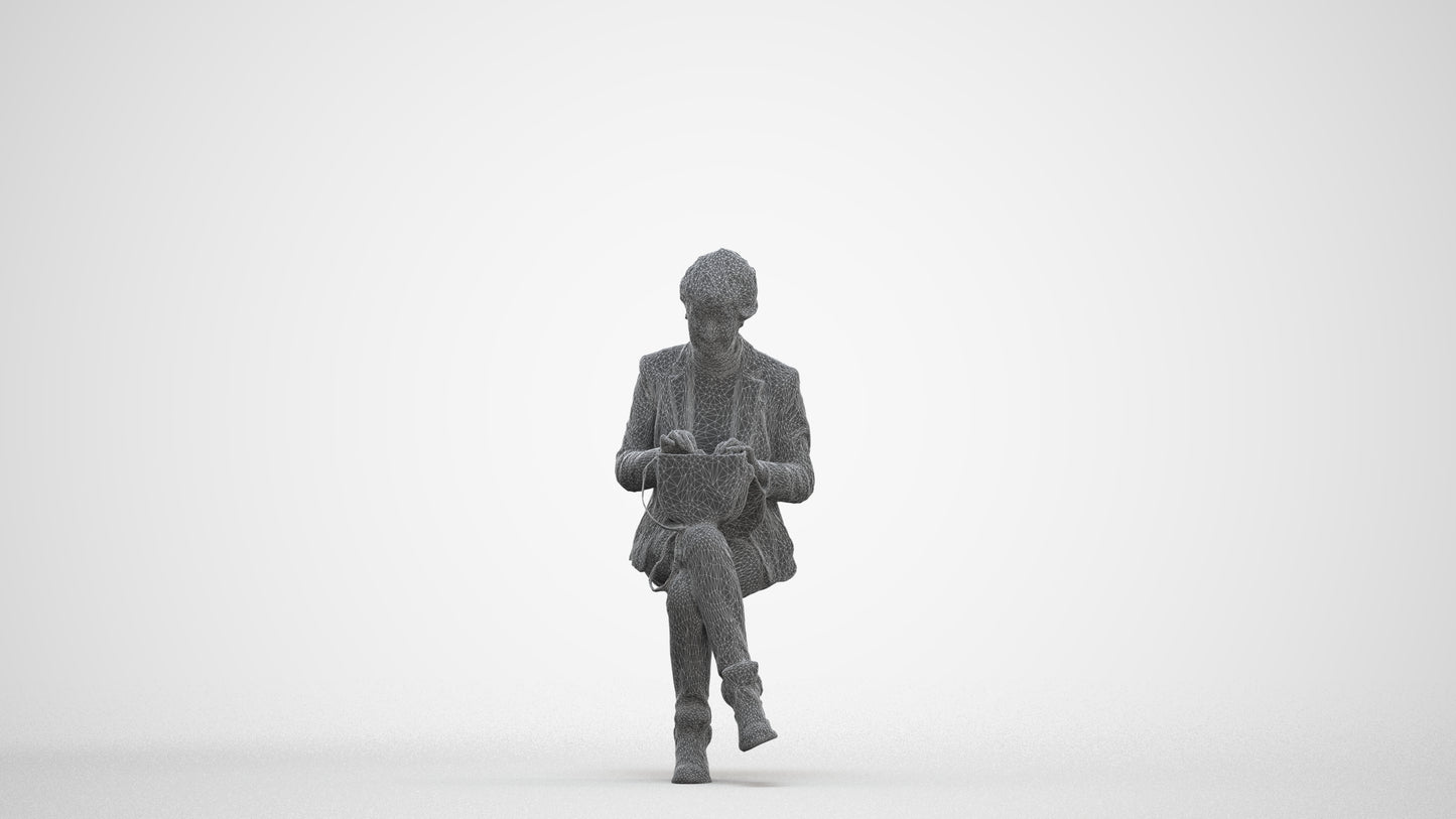 photogrammetry 3D senior woman business sitting, realistic human model archviz FBX, three-quarter front view render