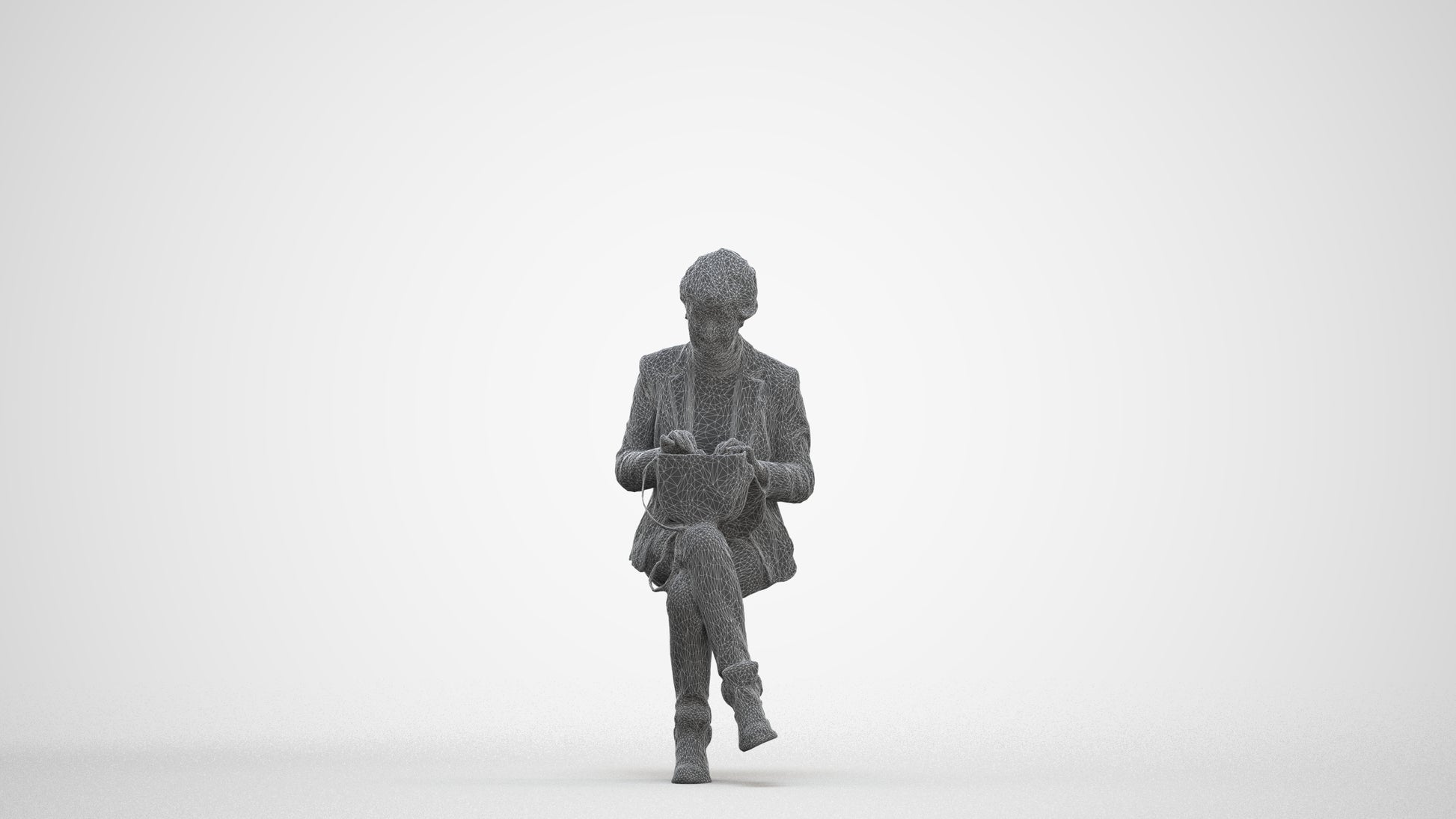 photogrammetry 3D senior woman business sitting, realistic human model archviz FBX, three-quarter front view render