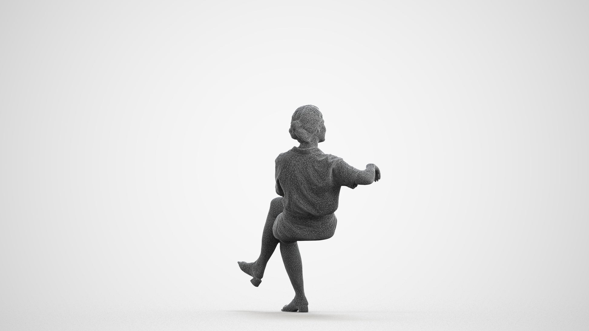 3D human model woman casual sitting, photogrammetry scanned person for archviz, wireframe front view