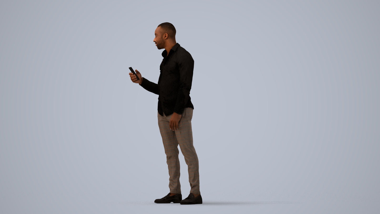 photogrammetry 3D man business standing, realistic human model archviz FBX, three-quarter view render