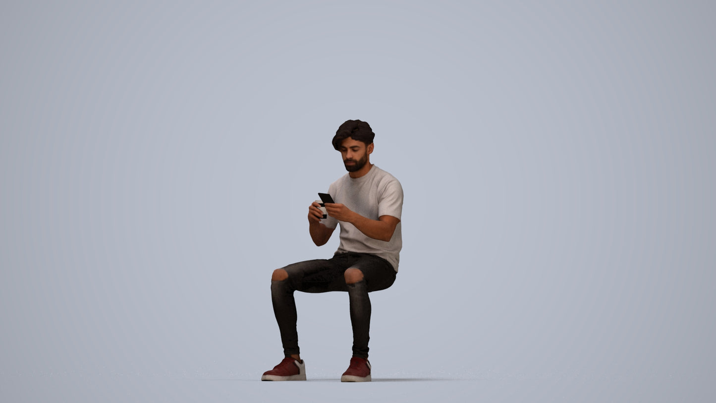 3D human model man casual sitting, photogrammetry scanned person for archviz, top-down view render