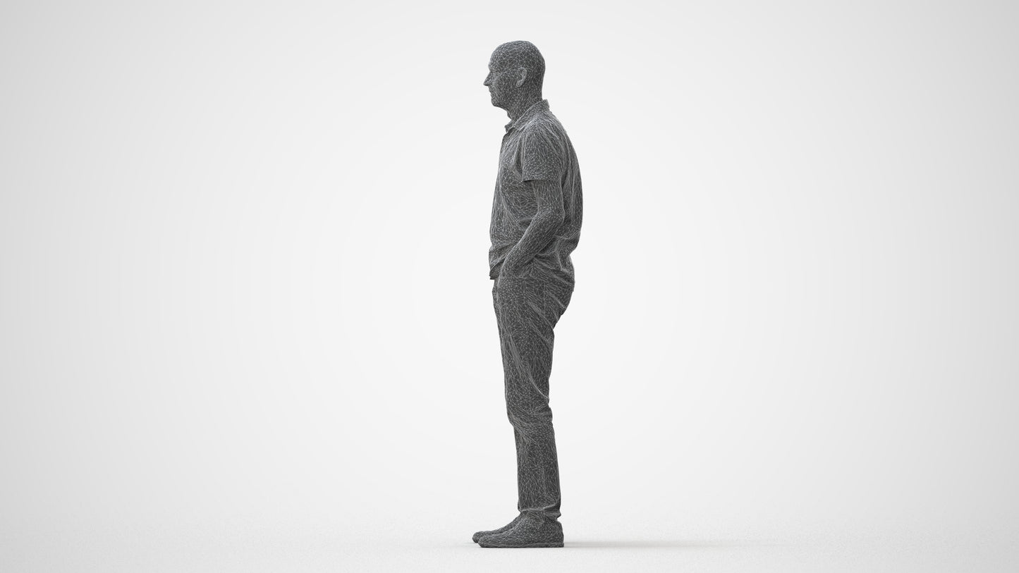 3D human model senior man casual standing, photogrammetry scanned person for archviz, square thumbnail